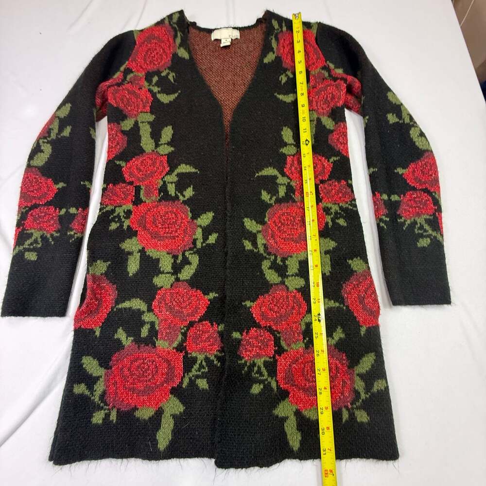 By Design Red Rose Floral Open Front Long Cardigan Sweater Size M - Picture 5 of 10